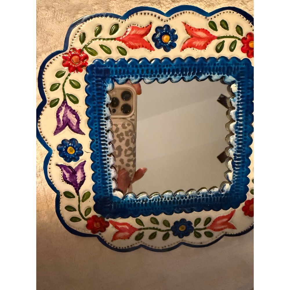 Vintage Mexican Hand Painted Metal Floral Mirror Scalloped Tin Folk Art Mexico